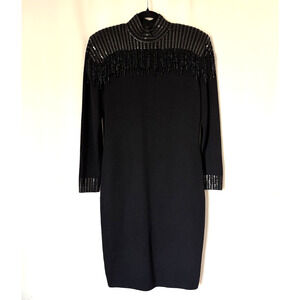 St. John Evening Dress 10 Black Long Sleeve Knee Bodycon Santana Knit Beads Embe